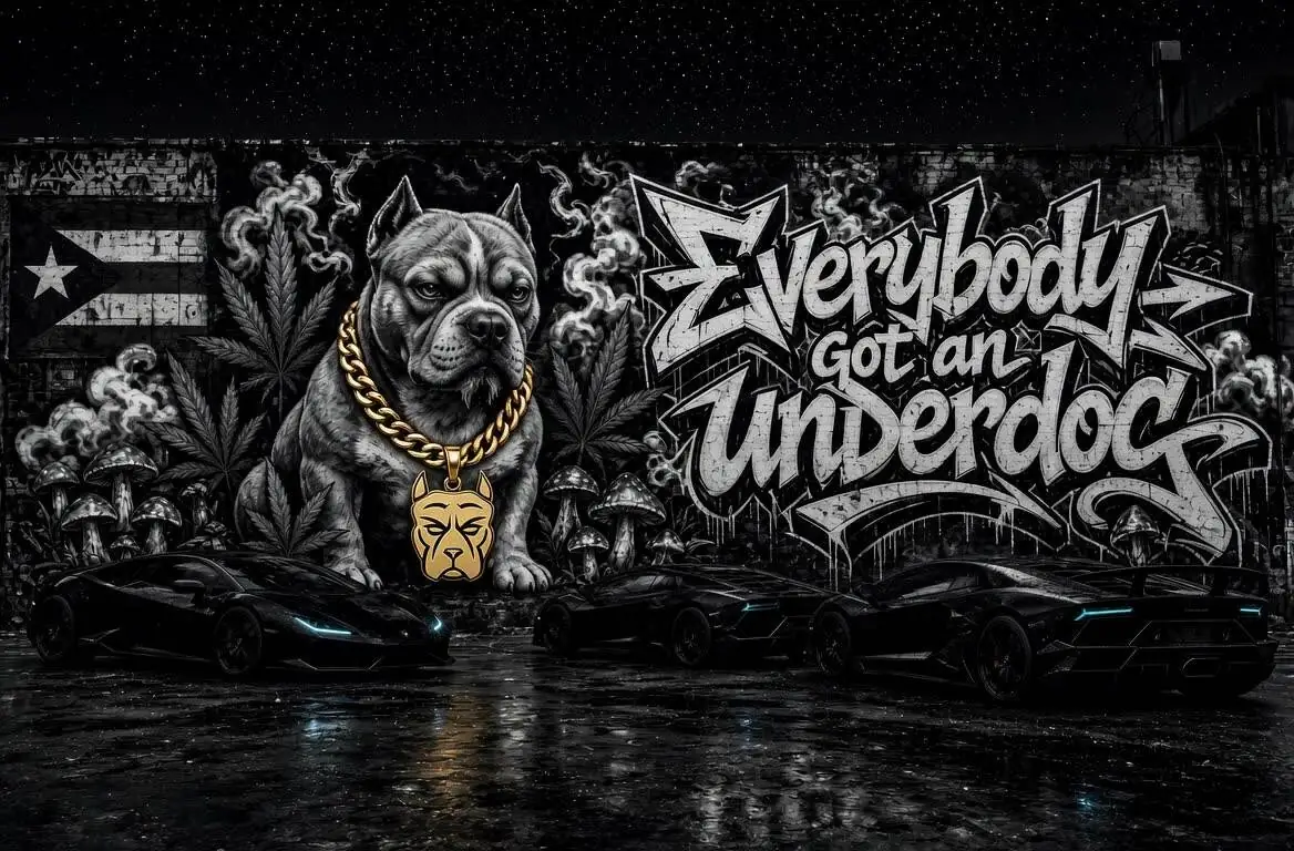 Underdog graffiti mural with gold-chain bulldog and black cars