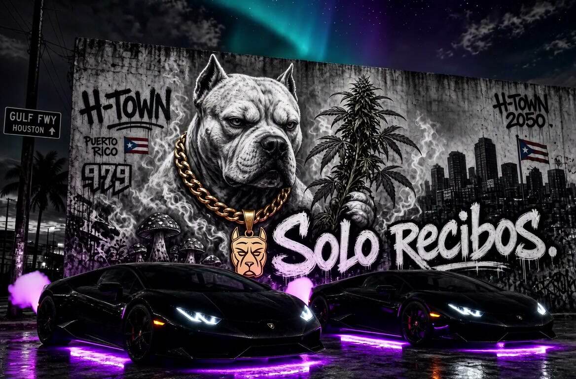 H-Town graffiti mural of a bulldog wearing a gold chain