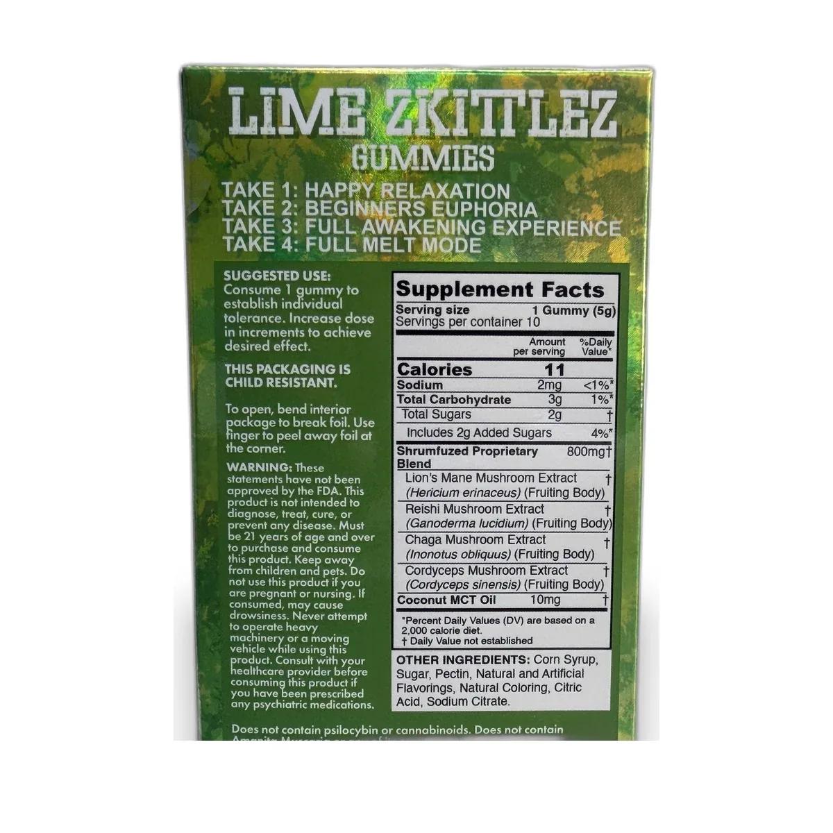 Shrumfuzed Chocolates Lion's Mane, Chaga, Cordyceps & Reishi 10pk / 800mg each — Lime Zkittles — MUSHROOM CHOCOLATES — Pack label — lot & lab